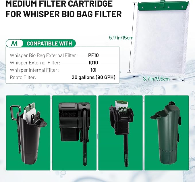8 Count Medium Filter Cartridges Compatible with Whisper Bio Bag Filters, Large Aquarium Filter Cartridge for Whisper 10i/IQ10/PF10 and Repto Filter 90 GPH