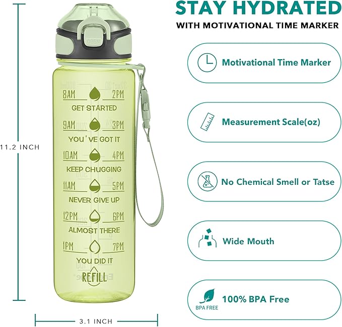 Enerbone 32 oz Water Bottle with Times to Drink and Straw, Motivational Drinking Water Bottles with Carrying Strap, Leakproof BPA & Toxic Free, Ensure You Drink Enough Water for Fitness Gym Outdoor