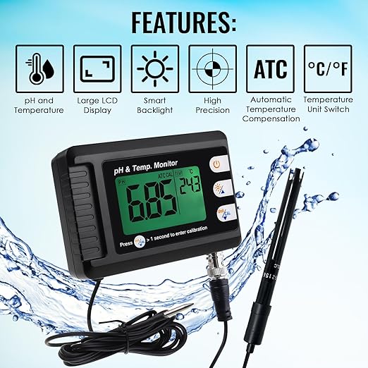 Digital pH & Temperature Water Monitor with Large LCD Display, Replaceable Probe, ATC Function, Wall Mount Design for Aquarium, Pool, Spa, and Hydroponics