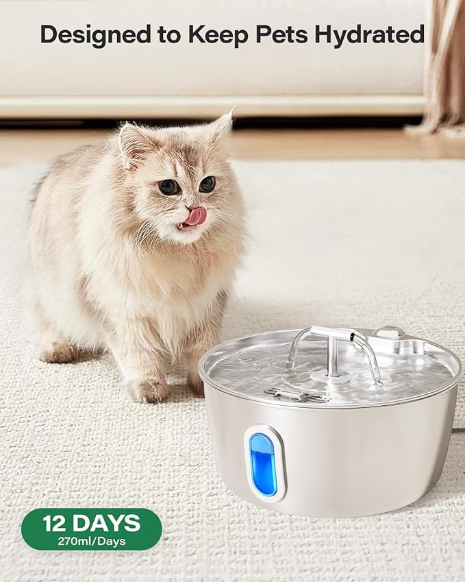 DIANU Official Cat Water Fountain Replacement Filters & Pre-Filter Sponges for 3.2L/108oz Stainless Steel Pet Fountain (12 Pack)