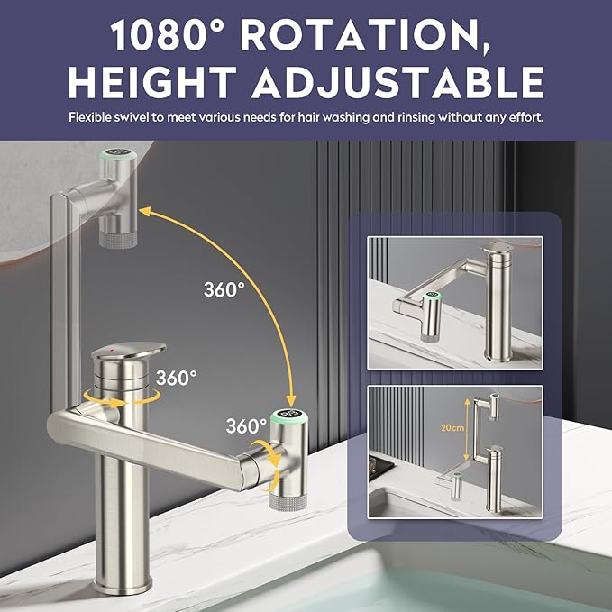 HOWUWEY Brushed Nickel Rotatable Single Hole Bathroom Vanity Faucet with Temperature Display & HOWUWEY Chrome Filtered Dual Shower Head with Handheld Spray Combo for Hard Water