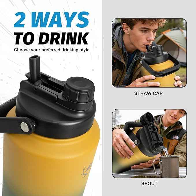 NATURE PIONEOR 1 Gallon Insulated Water Bottle - Double Vacuum Stainless Steel 128 oz Water Bottle with Holder, Wide Mouth & 2-in-1 Lid (Flip Straw & Spout), 1 Gallon Water Jug, Hiking, Camping, Gym