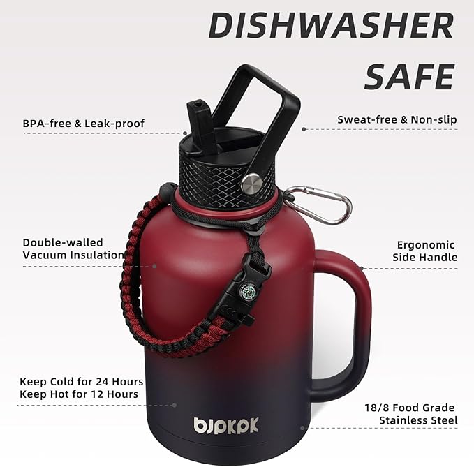 BJPKPK Large Insulated Water Bottles with Straw Lid & Handle, 50oz Water Bottle with 3 Lids and Paracord Strap,Stainless Steel Metal Water Bottle, nsulated Water Jug,Charming Red