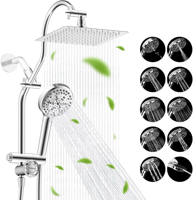 Hibbent cUPC Certified All Metal 8" Rainfall Showerhead Combo, High Pressure Shower Head with 10-Spray Mode Handheld, Innovative 4-way Diverter with Pause Mode, 71'' Shower Hose and Holder, Chrome
