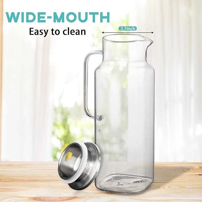 68 oz Square Glass Pitcher with Lid and Spout, 2 Quart Lightweight Water Pitchers for Hot/Cold Drink, Borosilicate Jugs, Heat Resistant, Glass Carafe with Handle,Ideal for Fridge Storage(2Pack)