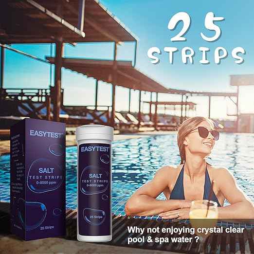 Saltwater Pool Test Strips, Swimming Pool and Spa Salt Test Strips Kit for Sodium Chloride Content 0-8000 ppm, 25 Count