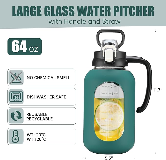 64 oz Glass Water Bottle with Handle and Straw Large 2L Water Bottle with Time Markers and Silicone Sleeve Half Gallon Water Jug BPA Free for Gym Daily Use