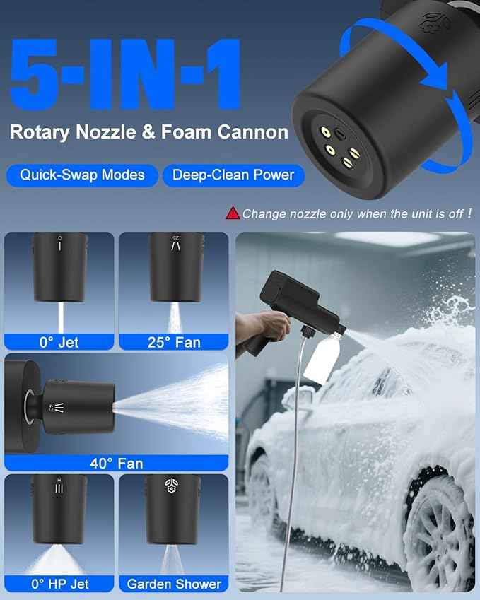 Foldable Cordless Pressure Washer with Battery & Car Charger, 249PSI Portable Power Washer Gun with 16.4 FT Hose & 5-in-1 Nozzle Handheld High Pressure Cleaner for Car Bicycles Camping Patio