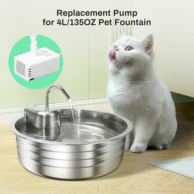 Cat Water Fountain Pump, JY-200S Replacement Pump for Stainless Steel Pet Fountain Adjustable Water Flow Dispenser, Ultra Quiet Pump with Submersible Motor for Dog Drinking Bowl, Low Consumption