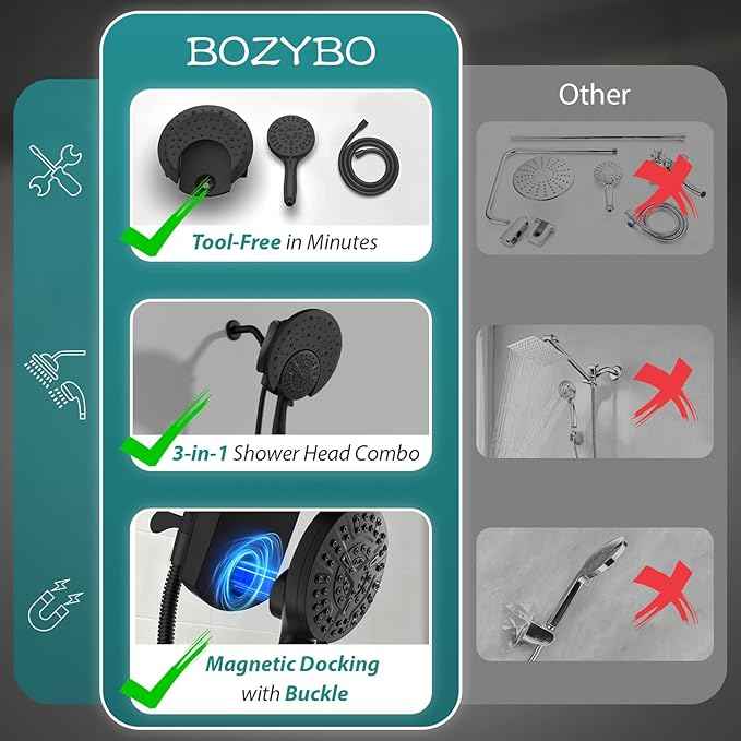 Rain Shower Head with Handheld: Foldable High Pressure Shower Heads with Handheld Spray Combo, 9 Spray Settings/Modes Hand Held Showerhead Dual Rainfall Shower Head Built-in Magnetic Docking and Jets