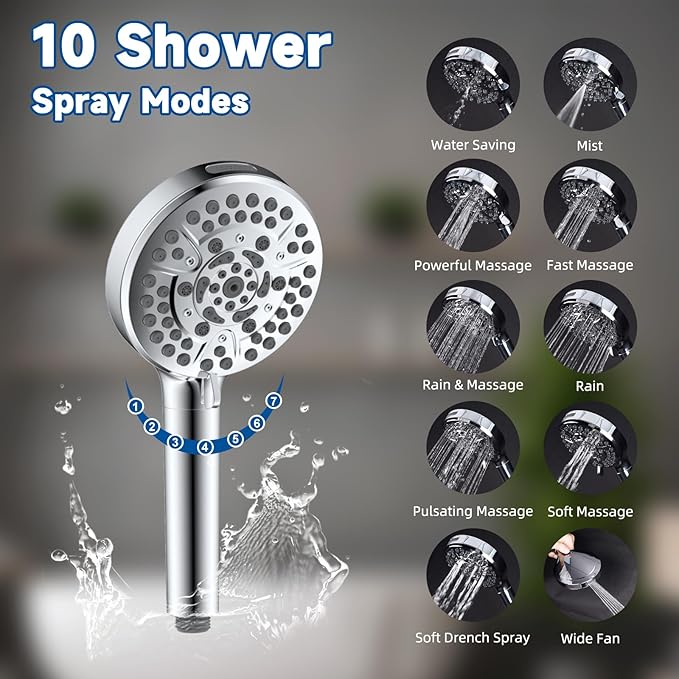 All Metal Dual Shower Head Easy Reach, High Pressure 10-Spray Handheld Shower & 6" Round Rainfall Shower Head Combo, Shower Extension Arm, 71" Hose, 3-way Diverter, Brass Shower Bracket, Chrome