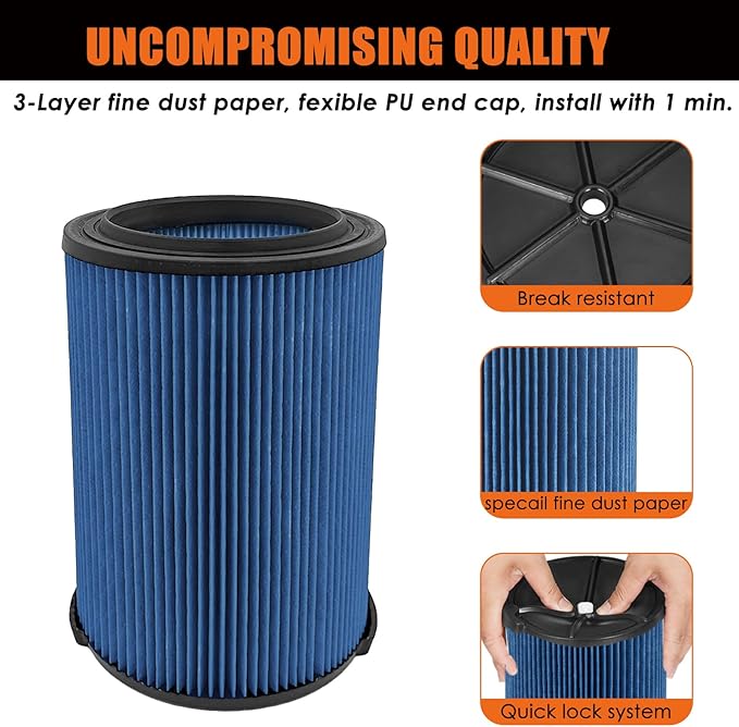 Universal Filters Replaces CMXZVBE38776/ CMXZVBE38751 Craftsman Fine Dust Filter, Replaces # 9-38751, Fits 5-20 Gallon Shop Vacuums1988+, with Foam Sleeve -2 Pack - AquaVibe