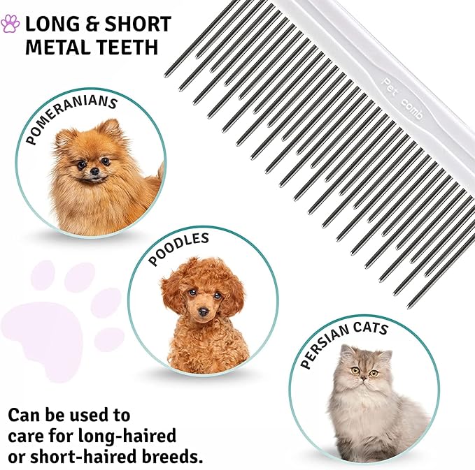 Poodle Pet Detangling Pet Comb with Long & Short Stainless Steel Teeth for Removing Matted Fur, Knots & Tangles – Detangler Tool Accessories for Safe & Gentle DIY Dog & Cat Grooming - AquaVibe