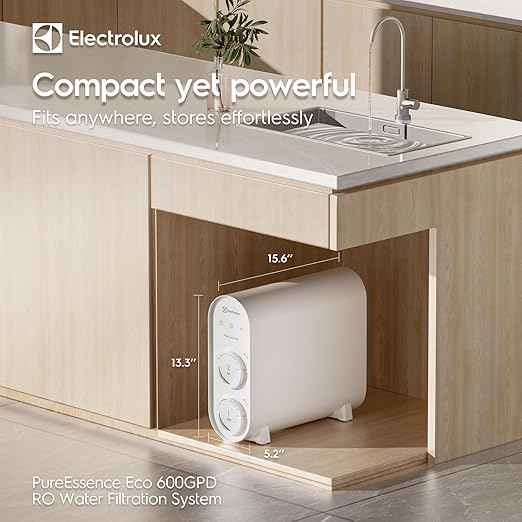 Electrolux Eco Compact Tankless Reverse Osmosis Water Filter, 600GPD, 9-Stage RO Water Filtration System, 3:1 Pure to Drain, Reduces TDS & Fluoride, BPA Free, Mini Size