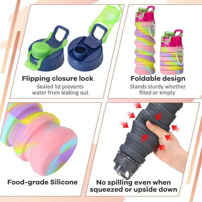 Sunnyray 14 Pack Collapsible Water Bottles Travel 17oz Silicone Portable Foldable Bottles Leak Proof Reusable Sports Cups with Clip for Camping Hiking Cycling Outdoor(Dark Color)