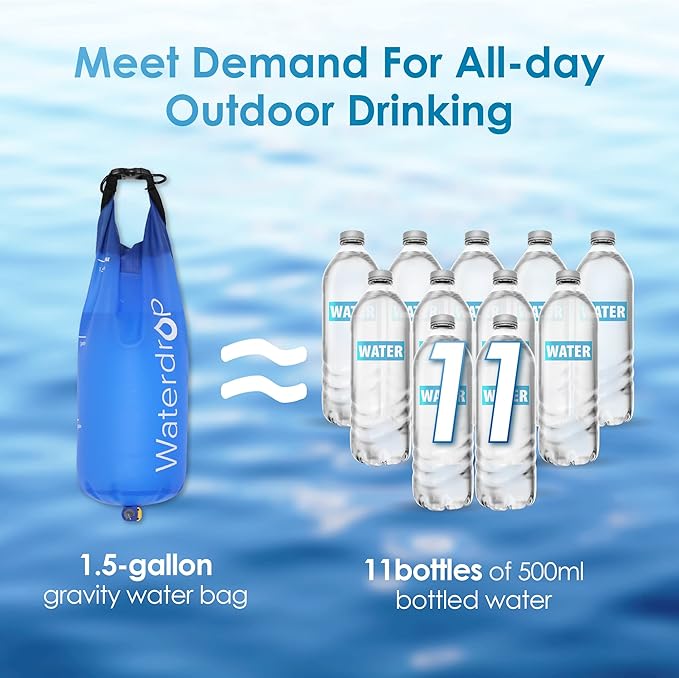 Waterdrop Water Filter Straw 3 Pack with Gravity Water Bag, Gravity Water Filtration System, Water Purifier Survival for Travel, Backpacking, 1.5 gal Bag, 0.1 Micron, 5 Stage Filtration