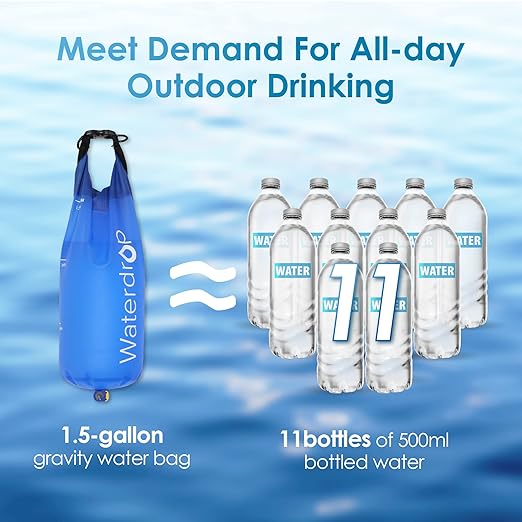 Waterdrop Gravity Water Filter Straw, Camping Water Filtration System, Water Purifier Survival for Travel, Backpacking and Emergency Preparedness, 1.5 gal Bag, 5 Stage Filtration
