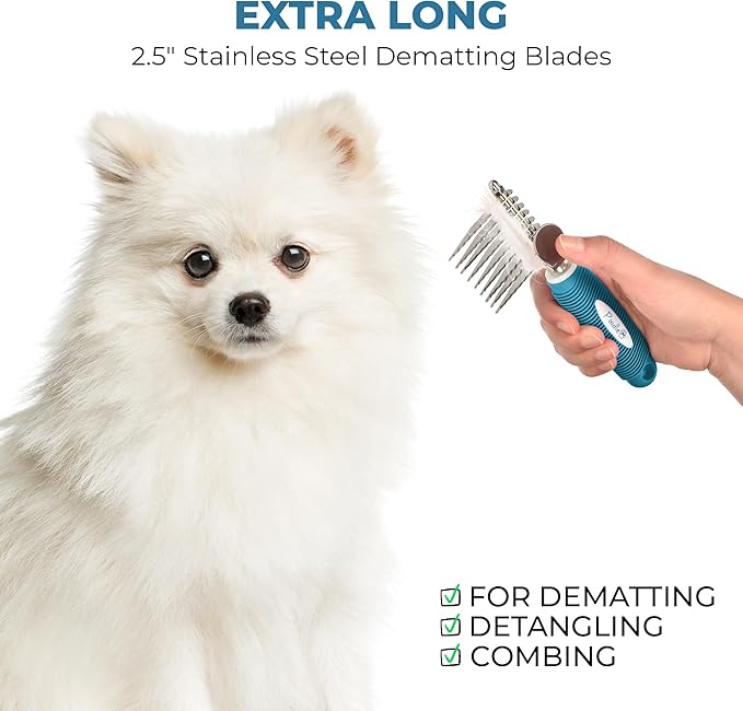Poodle Dematting Fur Rake Comb Brush for Dogs and Cats - Long 2.5" Steel Safety Blades Metal Comb for Detangling Matted or Knotted Undercoat Hair - AquaVibe