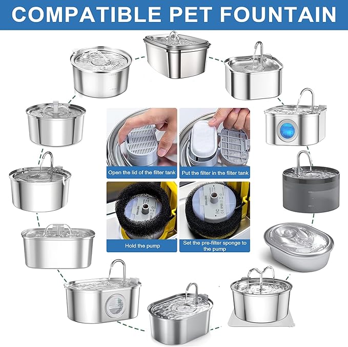 RBAYSALE Cat Water Fountain Replacement Filters - 28 Pack Triple Action With Carbon Filter and Pre-Filter Sponges (14 Filters & 14 Sponges)