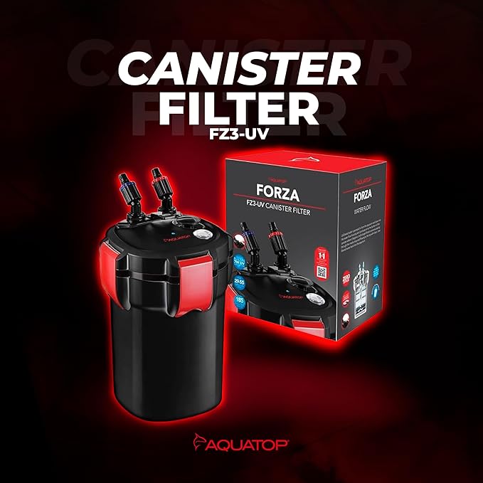Aquatop Forza 3 Canister Filter – 7W UV, 185 GPH Flow – for 29-55 Gallon Tanks – Ideal for Fresh & Saltwater – Includes Filter Media