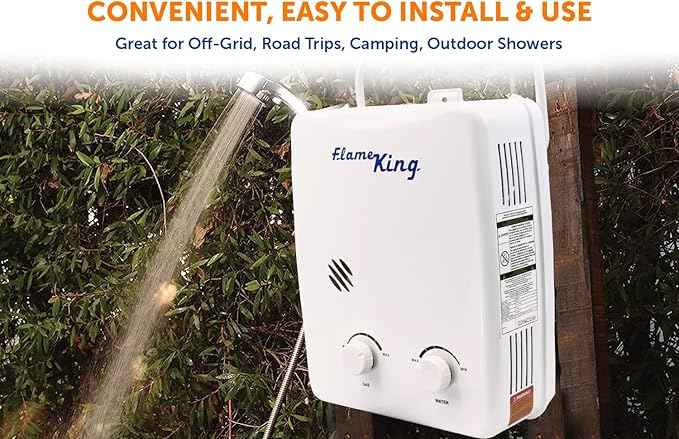 Flame King YSNAZ132 Portable Tankless Water Heater Propane Gas 5L 1.32GPM at 34,000 BTU, Outdoor Instant Hot Water Shower for RV, Camping, Farm, Cabins