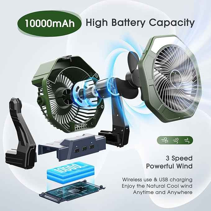 Ausic 10W Solar Fan with Mister, Misting Camping Fan with Solar Panel, Portable Outdoor Fans, 8 Inch Battery Operated Rechargeable Cooling Fans with Water Spray for Travel/Beach/Chicken Coop