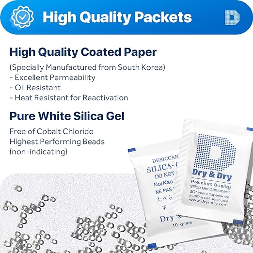 Dry & Dry 10 Gram [40 Packets] Food Grade Silica Gel Packs Desiccant Packs, Silica Packets - Rechargeable Silica Gel Packets, Desiccants, Silica Gel