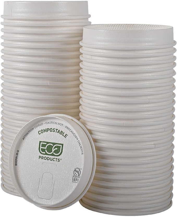 Eco-Products Compostable Paper Coffee Cup Lids, Case of 1000, White GreenStripe Tops, Fits 8oz Hot Cups, Lined With PLA, A Renewable Material Made from Plants, ASTM, BPI-Certified