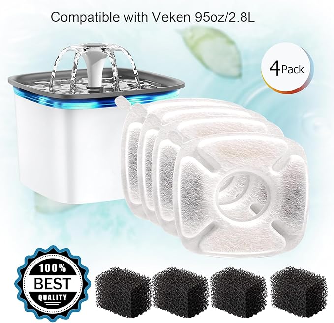 BRENSTEN 8 Pcs Replacement Filters & Sponges for Veken 95oz/2.8L Pet Fountain, Cat Water Fountain Filters (4 Carbon + 4 Sponge)