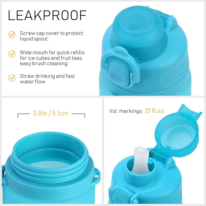 TakeToday Collapsible Water Bottles 20oz (600mL), Foldable Platinum Silicone Travel Water Bottle with Straw & Carry Strap, Leak-Resistant Screw Lid, Wide Mouth, BPA-Free for Hiking, Camping, Travel