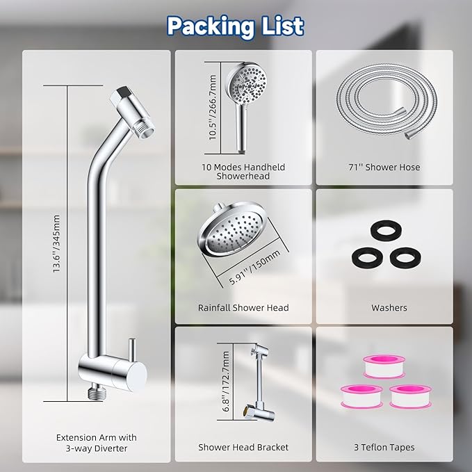 All Metal Dual Shower Head Easy Reach, High Pressure 10-Spray Handheld Shower & 6" Round Rainfall Shower Head Combo, Shower Extension Arm, 71" Hose, 3-way Diverter, Brass Shower Bracket, Chrome