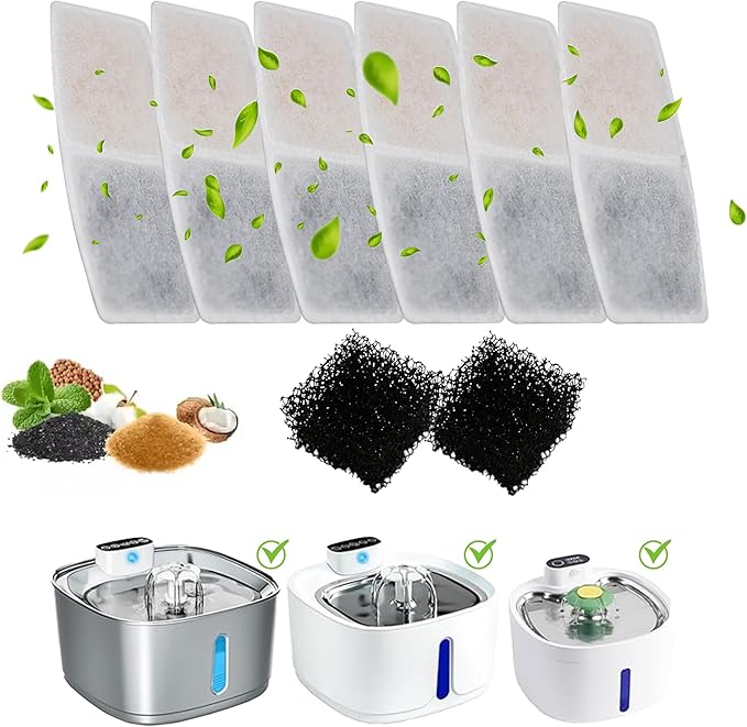 [Upgrade 2025] PetFeeder Pro Replacement Filter for Stainless Steel Water Fountain, Pack of 6 Filters and 2 Sponges (WF01F)