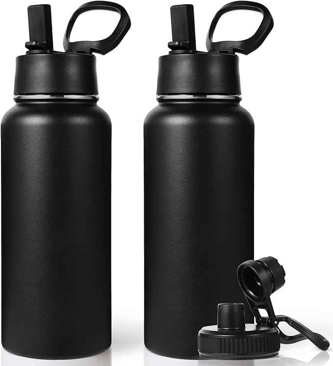 Neihepal 32 oz Insulated Water Bottles with 2 Lids (Straw & Spout Lid), 18/8 Stainless Steel Double Wall Water Bottle for Gym, Travel, Camping, Sports (Black,2 Pack)