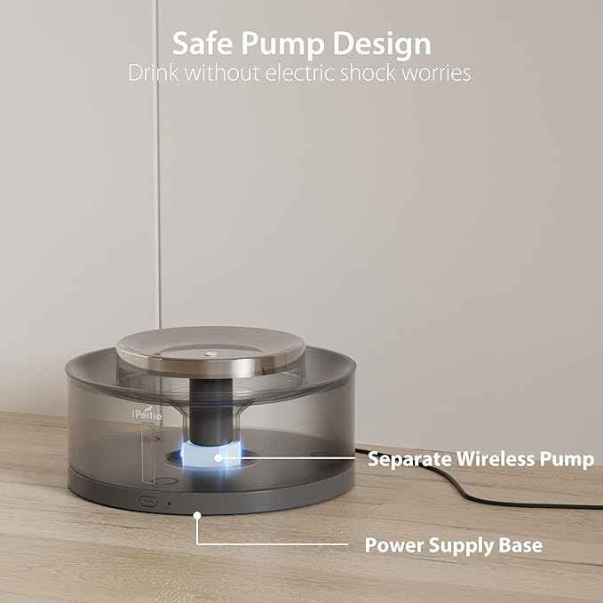 iPettie Cake Dog Water Fountain, 8L/2.1Gal Large Capacity Automatic Dispenser, Wireless Pump Filtered Waterer Purifier with BPA-Free Stainless Steel Bowls, Dishwasher Safe, Grey