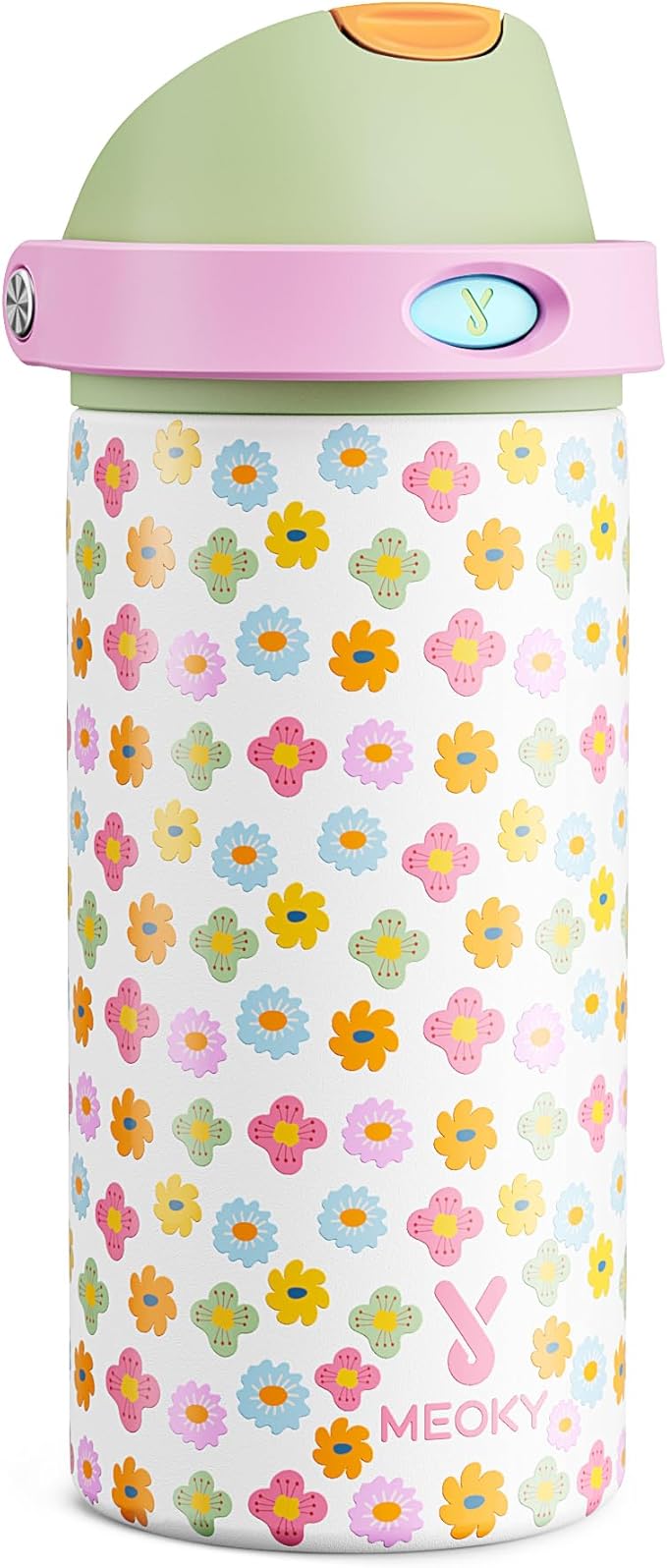 18 oz Kids Water Bottle for School: Meoky 18 oz Stainless Steel Insulated Water Bottle with 2-in-1 Straw and Spout Lid - Leak Proof, Fits in Car Cup Holder, BPA-Free for Teen Girls, Rainbow Blooms