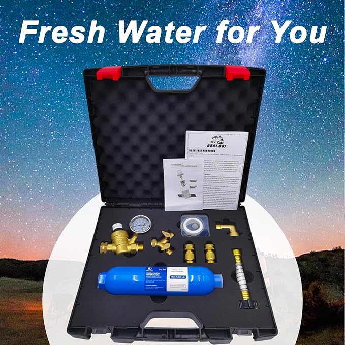 RV Water Pressure Regulator Kit, with Inline Water Filter, Lead-Free Brass Accessories, Leak Repair Kit, and All-in-One Suitcase, Complete Drinking Water Kit for RVs and Campers.