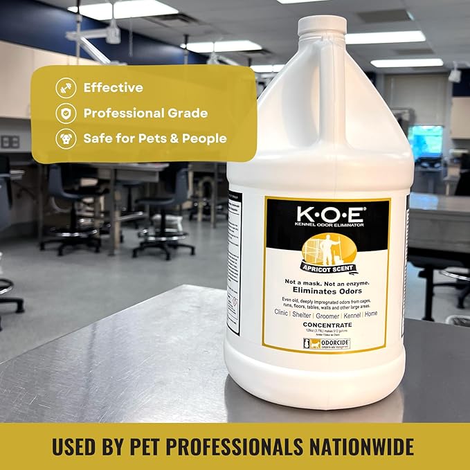 Odorcide K.O.E. Apricot Odor Eliminator Concentrate for Strong Odor for Cages, Runs & More – Home & Kennel w/Safe, Non-Enzymatic Formula - 128 oz