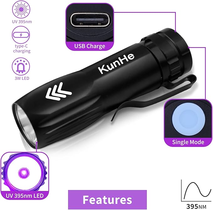 KunHe 10 Pack Mini UV 395nm Flashlight 3W Rechargeable UV Flashlight Bulk for Hotel Cleaning Pet Stain Detection Scorpion Seeking Mineral Identification Resin Curing