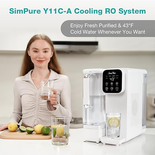 SimPure Y11C-A UV Reverse Osmosis Water Filter Countertop with Cold Water & Alkaline Mineralization, 6-Stage RO Filtration System, 43-59°F Adjustable, Detachable Pitcher, No Installation