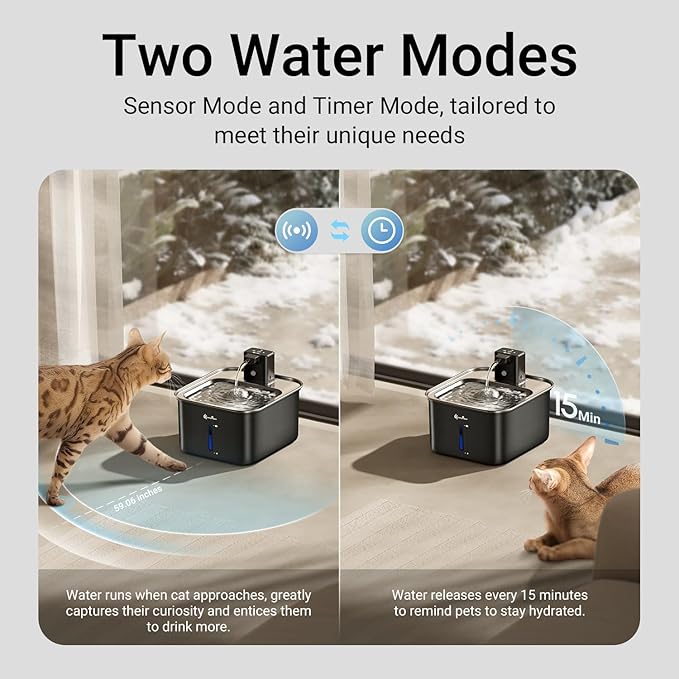 DownyPaws Cat Water Fountain Stainless Steel Wireless, 101 oz/3L FurSink Cordless Water Fountain for Cats, Battery Operated Cat Fountains for Drinking with Motion Sensor, Easy Clean, Black