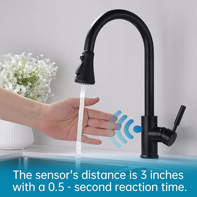 TUTEW Touchless Kitchen Faucet with Pull Down Sprayer, Matte Black Motion Sensor Kitchen Sink Faucet Single Hole, Spot Resist Stainless Steel Single Handle Commercial Modern Faucet