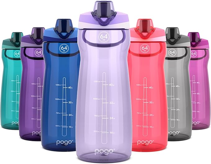 Pogo 64oz Plastic Water Bottle with Leak-Proof Chug Lid and Carry Handle, Reusable, BPA Free, Capacity Markings, Dishwasher Safe, Perfect for Travel, School, Outdoors, and Gym, Lilac