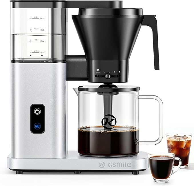 Kismile 8 Cup Drip Coffee Maker Machine, Pour Over Coffee Brew with 3s Instant Heat 197-205℉, Removable Water Tank, Adjustable Flow Control, Deep Cold Brew & Keep Warm 40 Min, Easy to Clean (silver)