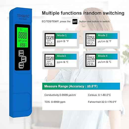 Most Accurate So Far 4-in-1 Instant Read TDS Meter - Measures TDS, EC, & Temperature (°C/°F) - Digital Water Testing Kit for Tap, Well, Pool, Hydroponics, Aquarium, RO/DI System -Blue