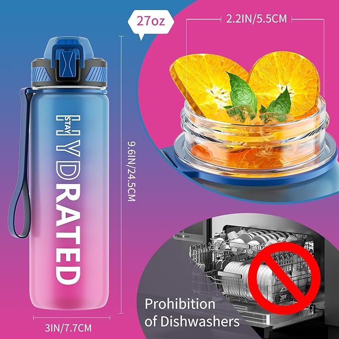 Water Bottle with Straw, 27oz Motivational Water Bottles with Time Marker to Drink, Tritan BPA Free, 750ml Sports Water Bottle with Carry Strap LeakProof for School Fitness Outdoor (1Pack)