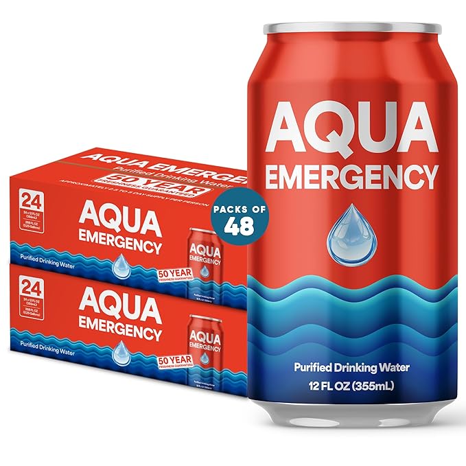 Aqua Emergency Drinking Canned Water- (48 Cans) 12 fl Oz (50 Years) Shelf Life for Everyday Hydration, Emergency, Survival Use-Purified via Reverse Osmosis | Plant-Based, BPA Free, Eco-Friendly Packaging, Made in USA -2 Case