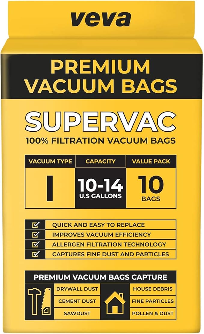 10 Pack, 10-14 Gallon Filter Bags for Shop Vac Vacuum - Type I 90672 - High-Efficiency Vacuum Bags - AquaVibe
