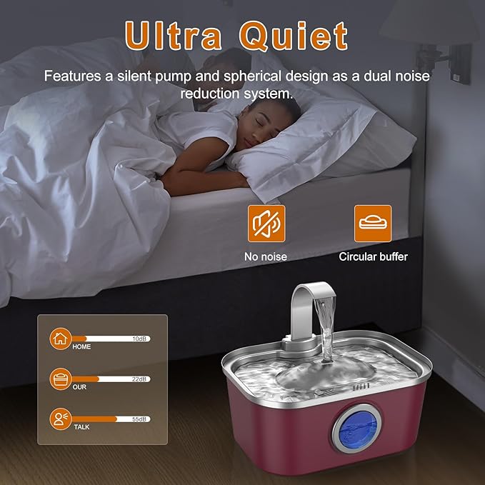 Bobo&Dragon Stainless Steel Cat Water Fountain, 124oz/3.5L Automatic Dog Water Dispenser - Ultra Quiet Faucet Flow, Smart Window & Fresh Filtered Hydration, Dishwasher Safe for Multi-Pet Cosmic Berry