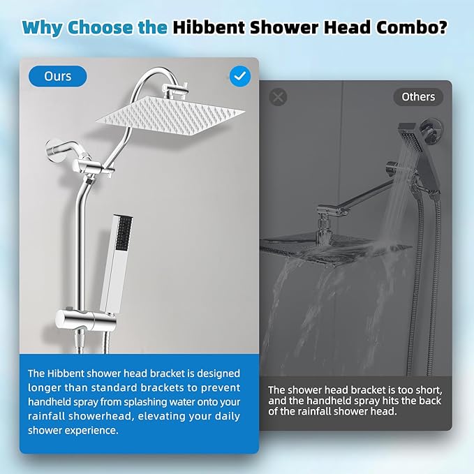 Hibbent cUPC Certified High Pressure 12'' Rainfall Shower Head, Showerhead Combo with 4-mode Handheld Spray, 12'' Adjustable Extension Arm, Extension Bar, Easy Reach Holder, 71'' Hose, Chrome