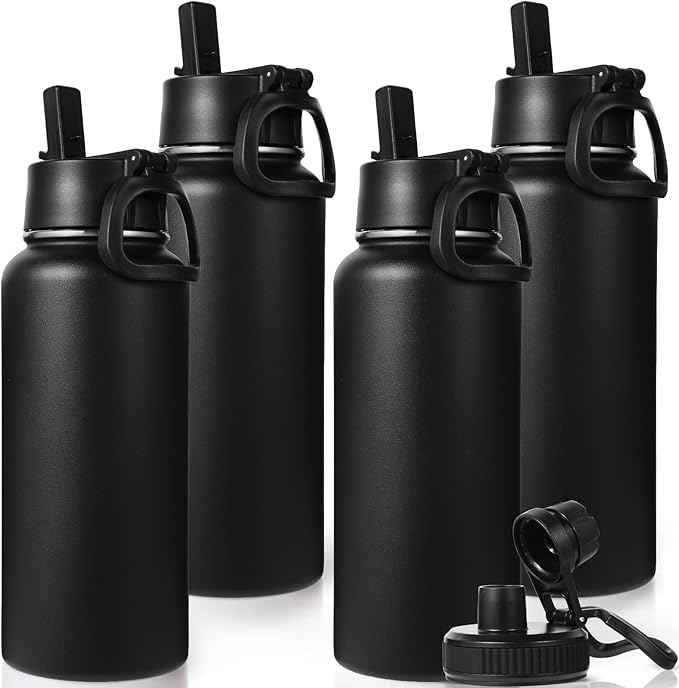 Neihepal 32 oz Insulated Water Bottles Bulk with 2 Lids (Straw & Spout Lid), Stainless Steel Double Wall Water Bottle, Keeps Cold 24H & Hot 12H (Black,4 Pack)